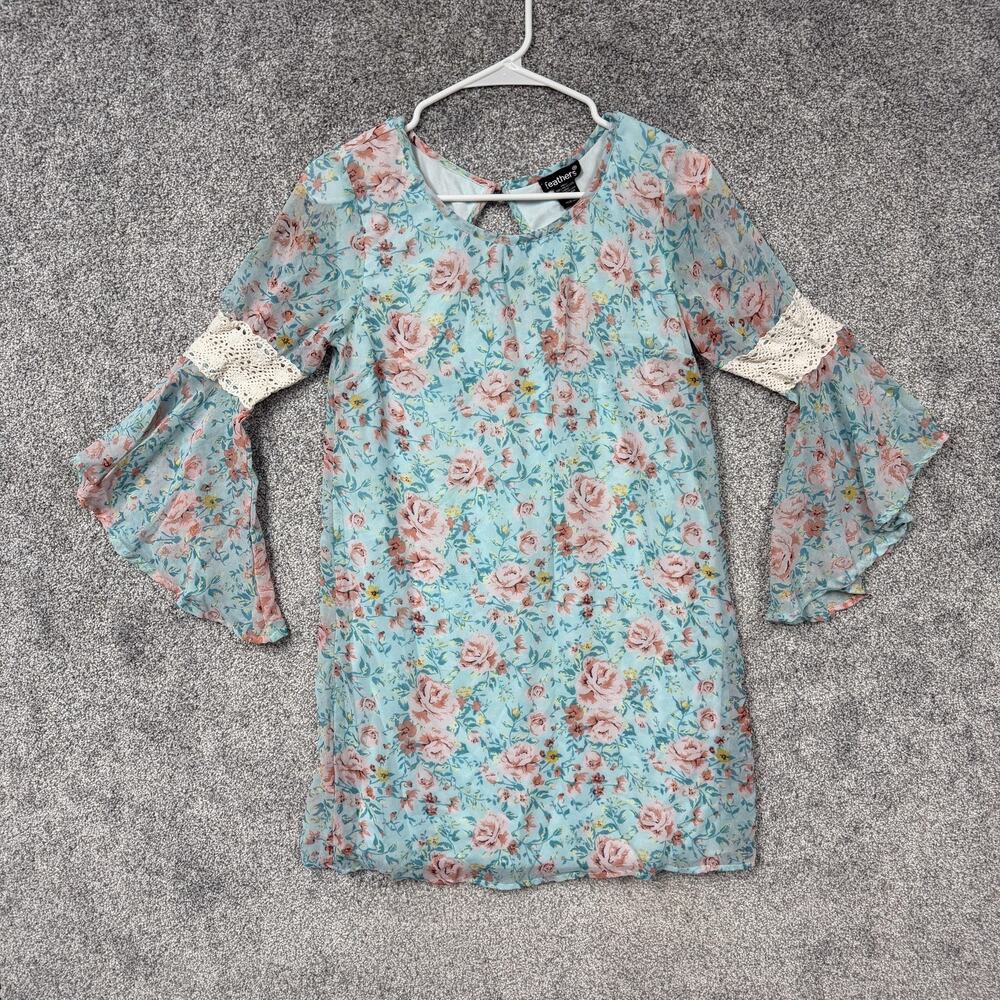 Feathers Shift Dress M Blue Orange Floral Chiffon Crochet Boho Cottagecore Fairy